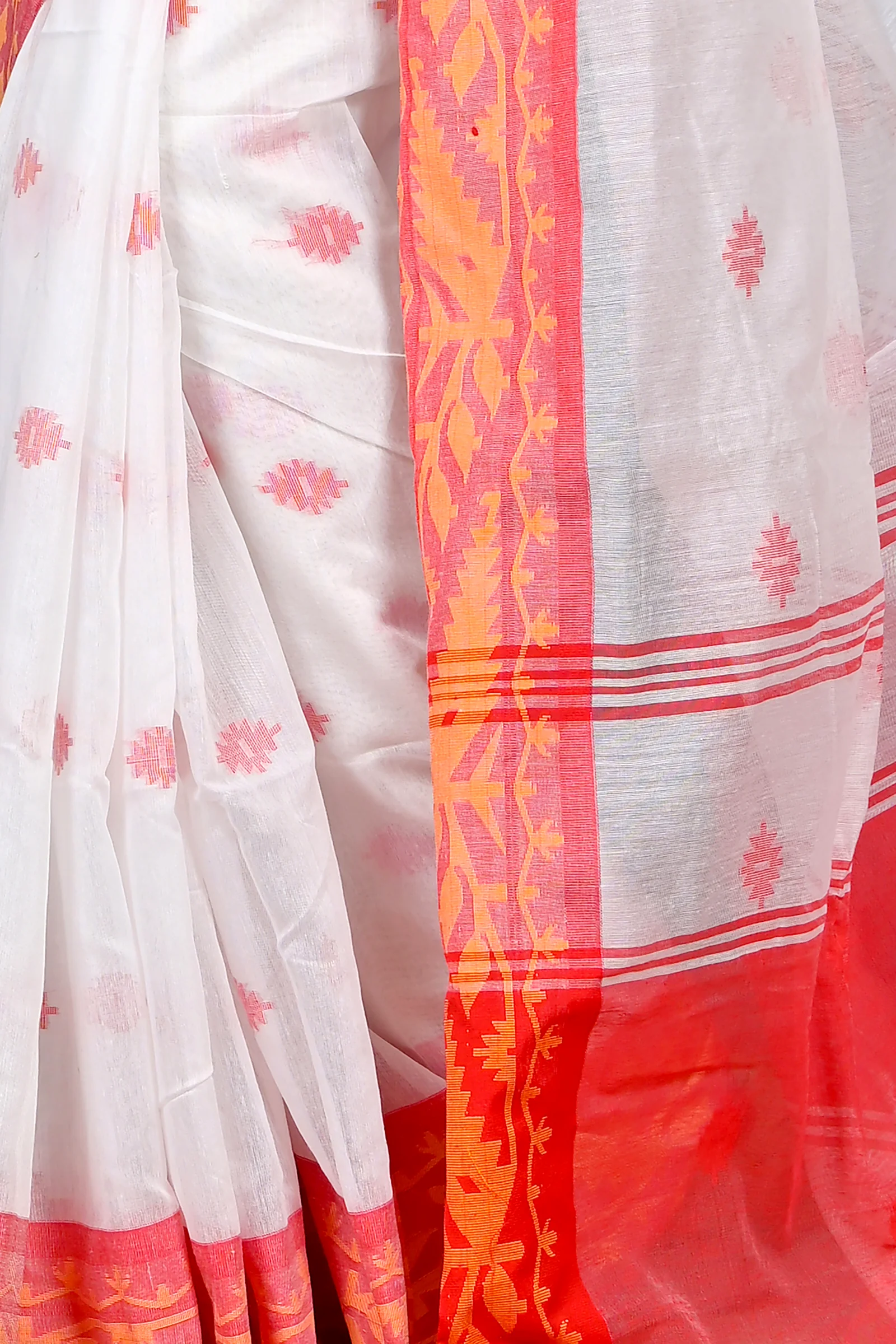 White Red Cotton Blended Parul Hand Loom Saree (548)